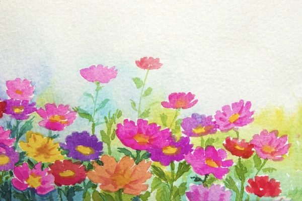 Painting watercolor landscape original colorful of daisy flowers on paper background. Hand painted illustration beauty spring season, with greeting card, invitation card, note copy space