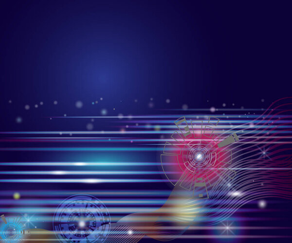 Illustration colorful circle and light on blue sky of cyberspace, Technology background of cyber and imagination to time machine in the future. Abstract space background with line and lighted.