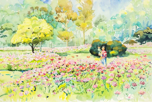 Watercolor original landscape painting yellow, orange red and pink color of flowers garden in green and blue  background.