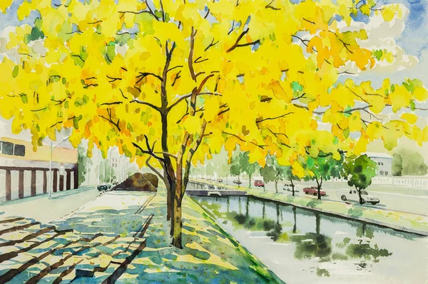 Aquarela Paisagem Original Pintura Amarelo Cor Laranja Flores Árvore Dourada — Fotografia de Stock