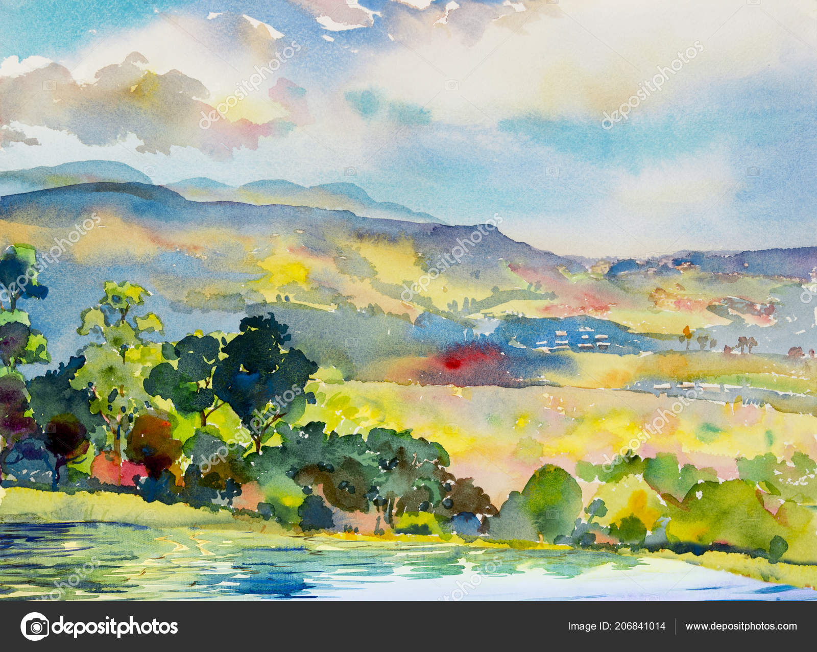 水彩風景山とパノラマ ビューと感情農村社会 スカイライン 自然の美