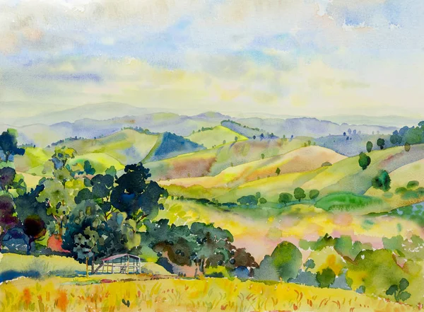 Aquarela Paisagem Pintura Colorida Gama Montanha Com Casa Campo Panorama — Fotografia de Stock