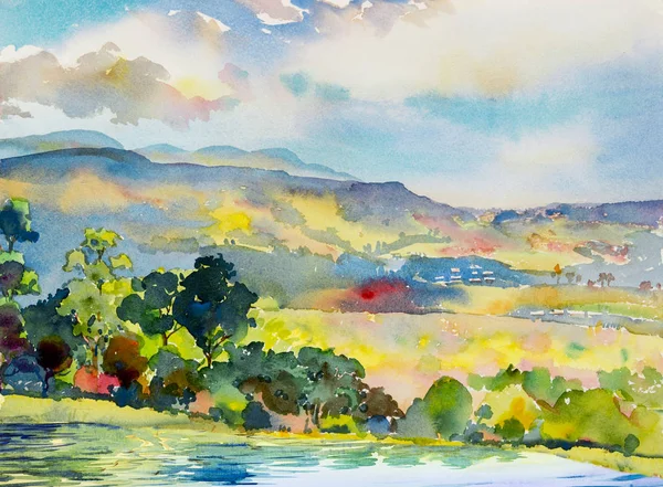 Watercolor landscape painting colorful of mountain and meadow in the Panorama view and emotion rural society, nature beauty skyline background. Hand painted semi abstract illustration in Asia.