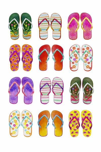 Juego Chanclas Verano Colores Aislados Sobre Fondo Blanco Acuarela Pintura — Foto de Stock