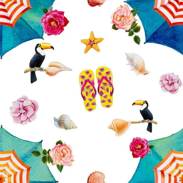 Trend seamless summer style, accessories pattern in Watercolor painting colorful of umbrella, roses,Toucan bird, shellfish, starfish, slipper on white background, Hand painted illustration