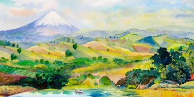 Fuji Dağı göl ve dağ silsilesi ile tarım Japonya ahşap evin yakınındaki tekne turist sezon bahar. Suluboya manzara illüstrasyon. Asya'da popüler ünlü dönüm noktası. 