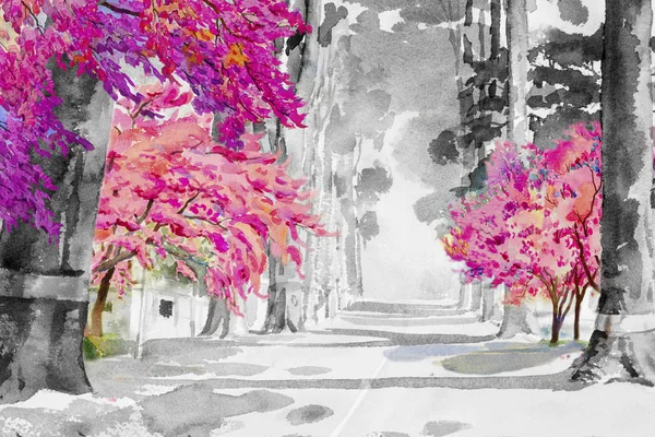 水彩風景画黒と白ピンク桜トンネル木 農村社会 自然の美しさの背景にストリート ビュー感情の 手描きのアジアの半抽象的なイラスト — ストック写真