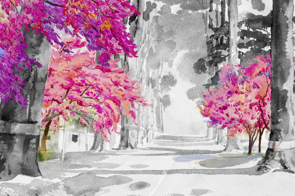 Watercolor landscape painting black and white of Tunnel trees with pink cherry blossom, street view emotion in rural society, nature beauty background. Hand painted semi abstract illustration in Asia.