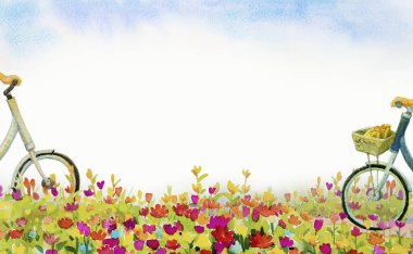 Daisy alanındaki Bisiklet ile romantik kartpostal. Suluboya manzara renkli çiçek Bahçe dağ tepe ve mavi gökyüzü bulut arka plan boyama. El çizimi güzellik bahar mevsimi boyalı.