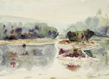 Balık adam göl üzerinde yelken. Suluboya deniz balıkçı teknesi sabah ve gökyüzü arka planda renkli resim özgün. Boyalı izlenimci, fırça konturu renkli vintage tarzı