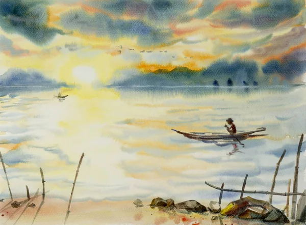 Fishing man sailing on the lake. Watercolor seascape original painting colorful of fishing boat and emotion in sunshine and cloud bottom background. Sunrise in early morning with bird flying on sky