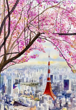 Tam çiçeklenme sakura çiçek kiraz çiçekleri ve Tokyo Tower landmark Japonya - Asya iş kavramı seyahat için. Suluboya manzara arka planda gündoğumu ile turistik kentin renkli.