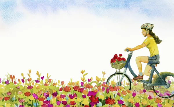 Romantic postcard with cycling in daisy garden.  Watercolor landscape painting colorful of field flowers and text in blue sky cloud background. Hand painted illustration beauty spring season.