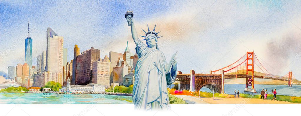 Statue Liberty, Manhattan urban, Golden gate bridge in USA. Famous landmarks of the world. Watercolor painting cityscape, architecture and business city. Hand painted illustration, tourism location