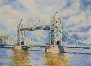 Londra, Tower Bridge, Londra ve River Thames, İngiltere, Amerika Birleşik Devletleri cityscape görünümünü. Suluboya resim illüstrasyon manzara güzel sezon. İşareti, iş şehir, popüler yeri