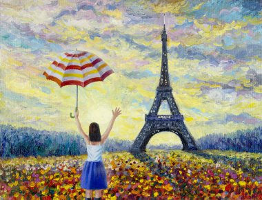 Kadınlar seyahat, Paris Avrupa kentin ünlü simgelerinden dünya. France eiffel kulesi ve güneş, daisy çok renkli çiçek bahçesinde bahar mevsimi, vintage tarzı ile. Soyut yağlıboya resim