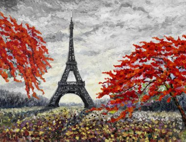 Paris Avrupa kentin ünlü simgelerinden dünya. France eiffel kulesi ve çiçek kırmızı bahar mevsimi ile bahçe renk. Yağlı boya resim, elle çizilmiş vintage tarzı ile gökyüzü arka plan.