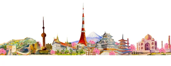 环游世界 游览世界 世界著名的地标汇集在一起 水彩画插图 白色背景的亚洲地标 受欢迎的旅游景点 — 图库照片
