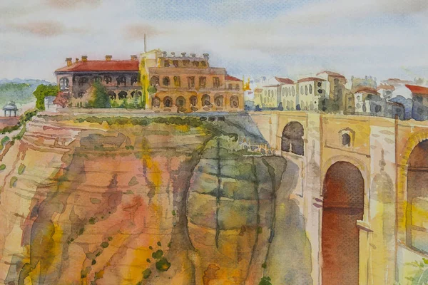 Puente Nuevo Híd Guadalevin Folyó Ronda Andalúzia Spanyolország Akvarell Eredeti — Stock Fotó