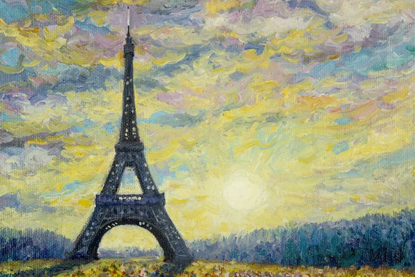 Paris european city famous landmark of the world. France eiffel tower and sun, daisy flower multicolor in garden, with spring season, vintage style. Abstract oil painting illustration, copy space