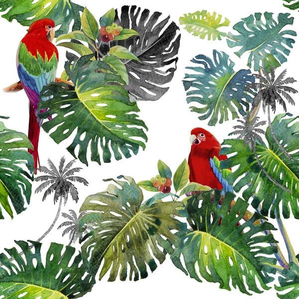 Tropical seamless foliage pattern with Macaw bird. Watercolor tropic drawing, bird and monstera greenery palm tree, tropic green texture, painting illustration
