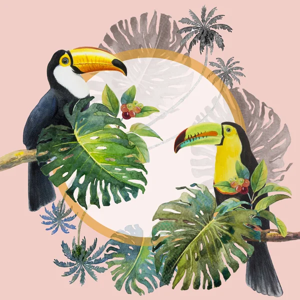 Tropical summer foliage with Toucan bird. Watercolor hand drawn, bird and monstera greenery palm tree, tropic green texture, painting illustration on pink  background.