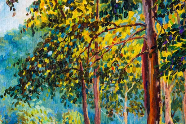 Oil painting landscape on canvas - colorful autumn trees. Semi abstract image of forest, trees and yellow, red, green leaf. Fall season nature background. Hand Painted Impressionist style