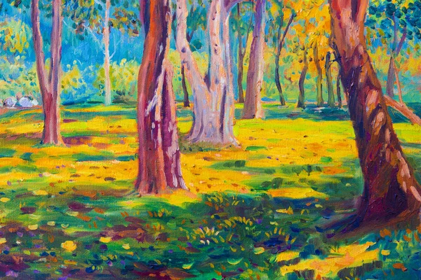 Paisagem Pintura Óleo Sobre Tela Árvores Coloridas Outono Imagem Semi — Fotografia de Stock