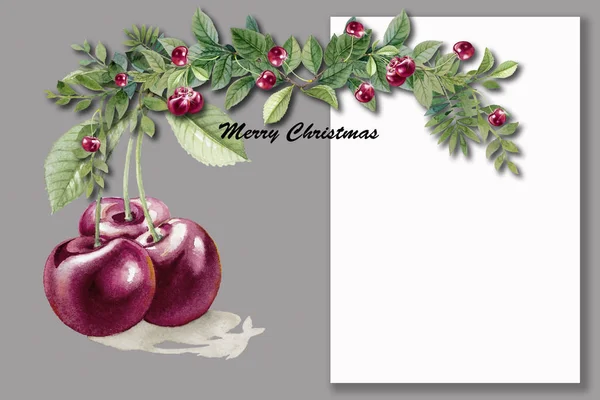 Watercolor Painting New Year Christmas Postcard Bright Red Cherry Place — Stock Photo, Image
