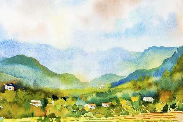 Watercolor landscape original painting on paper colorful of Village cottage and rice field in mountain, morning, with sky, cloud view background. Hand painted beauty nature winter season in Thailand.