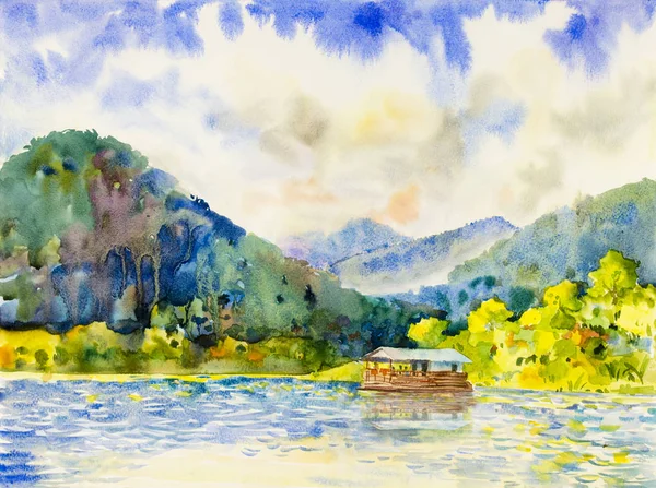 Oryginalne Malarstwo Akwarela Krajobraz Papier Kolorowy Ponton Domek Rzeki Góry — Zdjęcie stockowe