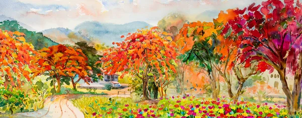 Autumn trees. Painting watercolor landscape red, orange and yellow color of Peacock flowers and leaf,in morning blue sky, cloud background, beauty nature winter season. Hand painted illustration