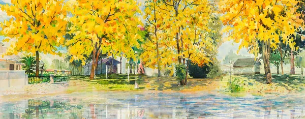 Autumn trees. Painting watercolor landscape, orange and yellow color of flowers and leaf, riverside in village and blue sky, background, beauty nature winter season. Hand painted illustration.