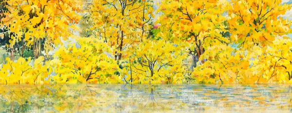 Autumn trees. Painting watercolor landscape, orange and yellow color of flowers and leaf, riverside in forests and blue sky, background, beauty nature winter season. Hand painted illustration.