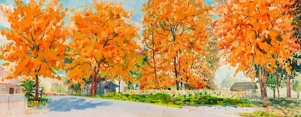 Herfst Bomen Straatmening Aquarel Schilderij Landschap Oranje Rode Gele Kleur — Stockfoto