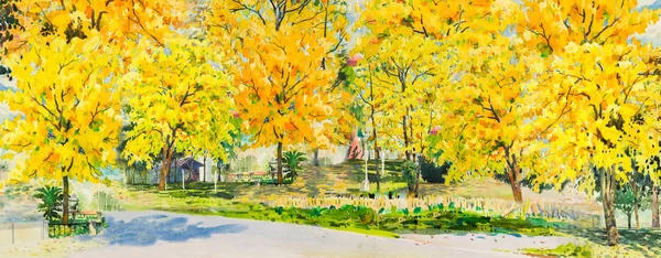 Autumn trees street view. Painting watercolor landscape, orange and yellow color of flowers and leaf in village with blue sky, background. Hand painted illustration beauty nature winter season.