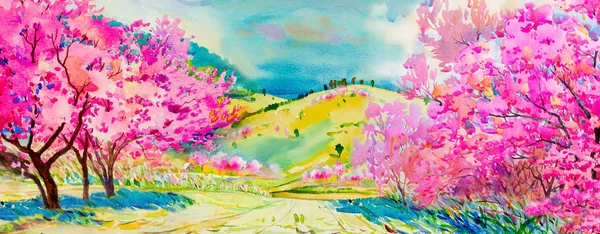 Painting watercolor landscape pink colors of Wild himalayan cherry flowers and home, mountain hill in the spring season. Hand painted, blue sky, cloud background, beauty nature, winter season.