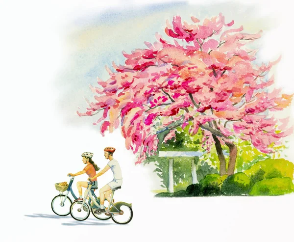 Watercolor landscape painting colorful of wild himalayan cherry and young people, cycling, exercise, travel in spring, flowers beauty, emotion in blue, sky on white background. Handmade illustration.