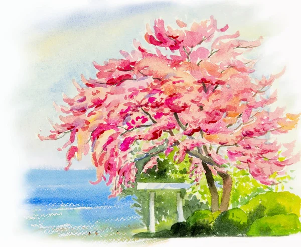 Watercolor seascape painting colorful of pink flowers tree and family young people, travel vacation in summer beauty, and emotion in blue, sky on white background. Handmade paint brush, illustration.