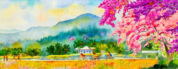 Pintura Paisagem Aquarela Cor Rosa Flores Cereja Himalaia Selvagens Homem — Fotografia de Stock
