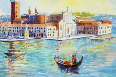 Güzel deniz manzaralı, geleneksel San Giorgio Maggiore Adası, Venedik, İtalya İtalya tarihi manzaralı, suluboya manzara orijinal kağıt üzerinde illüstrasyon işareti dünyanın çok renkli resim.