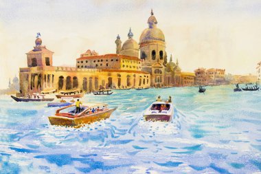 Venedik, İtalya Grand Canal. Santa Maria della Salute Kilisesi. Motorlu tekneler Venedik'teki ana nakliye gondollarının ile yapılmaktadır. Suluboya manzara orijinal resim illüstrasyon işareti dünya. 