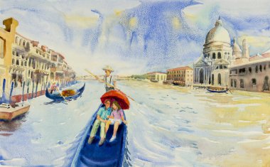 Venedik, İtalya Grand Canal. Santa Maria della Salute Kilisesi. Gondol grand kanal Venedik romantik seyahat vardır. Suluboya manzara orijinal resim illüstrasyon işareti dünya. 