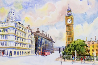 Sokak Görünümü'nde Londra kırmızı otobüs geleneksel eski İngiltere'de. Renkli resimde boyama suluboya güneşli güzel sezon ve gökyüzü arka plan manzara. modern iş şehir. Dünyanın Simgesel Yapı.