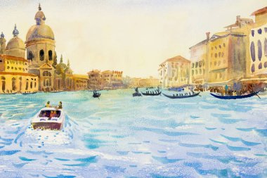 Venedik, İtalya Grand Canal. Santa Maria della Salute Kilisesi. Motorlu tekneler Venedik'teki ana nakliye gondollarının ile yapılmaktadır. Suluboya manzara orijinal resim illüstrasyon işareti dünya. 