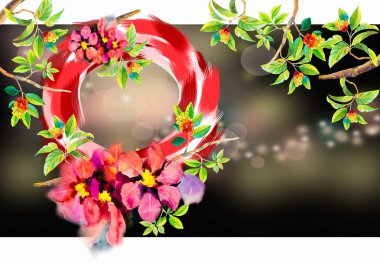 Çiçekler, kiraz suluboya resim kompozisyon için Merry Christmas, Sevgililer günü, düğün, anneler günü, satış ve diğer olaylar, parmak izi, tebrik kartları, afiş, davetiye için stilize çelenk