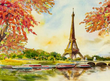 Paris Avrupa şehir manzarası. Fransa, Paris'in ünlü romantik Seine Nehri profili sonbahar, suluboya resim illüstrasyon, manzarası arka plan ile. Dünya Simgesel Yapı