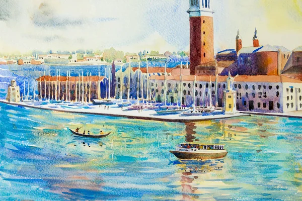 ジョルジョ マッジョーレ島の伝統的な歴史的ビュー イタリア ヴェネツィア イタリアの美しい海の景色 図世界のランドマーク 紙の上に色とりどりの絵画水彩風景オリジナル — ストック写真