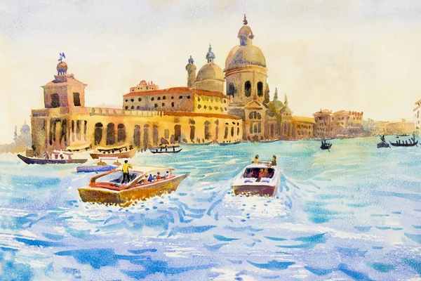 イタリア ヴェネツィアの大運河 サンタ マリア デッラ サルーテ教会 モーター ボートがゴンドラのベニスの主要な交通機関です 世界の水彩風景元絵イラスト ランドマーク — ストック写真