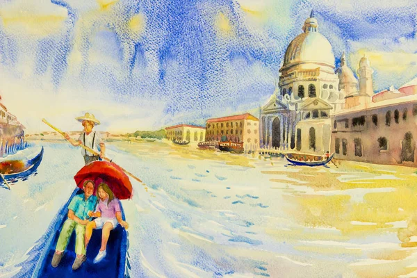 Venedik, İtalya Grand Canal. Santa Maria della Salute Kilisesi. Gondol grand kanal Venedik romantik seyahat vardır. Suluboya manzara orijinal resim illüstrasyon işareti dünya.